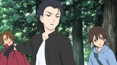 Grabbing a collar in a forest while a boy watches