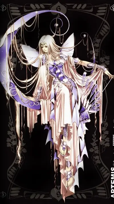 Graceful fairy-like figure, sits on elaborate moon, wearing armor and long, flowing dress