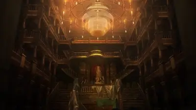 Grand hall interior with a large glowing chandelier
