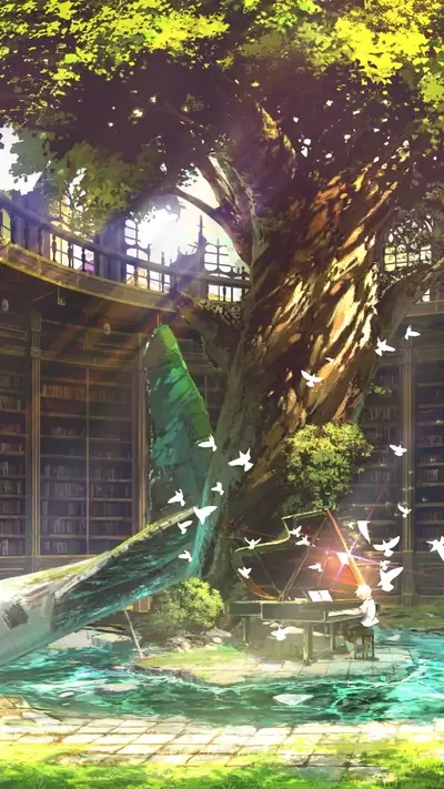 Grand library, large tree, grand piano, flowing water