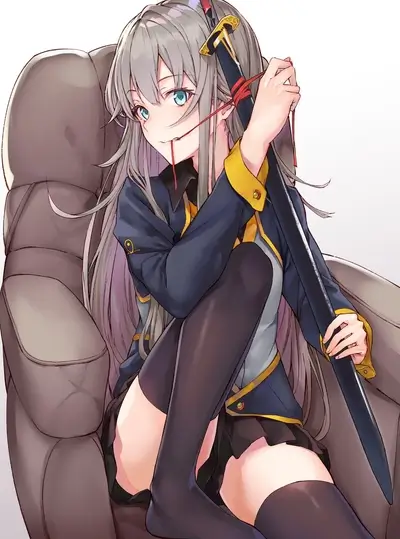 Gray-haired girl with katana, sitting in armchair