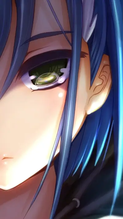 Green-eyed character with blue hair, showing the corner of the eye and ear