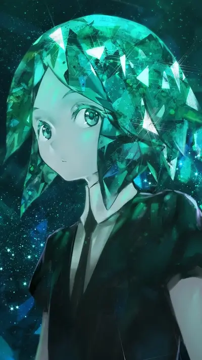 Green gem girl with space background, wearing black suit, shining, looking peaceful