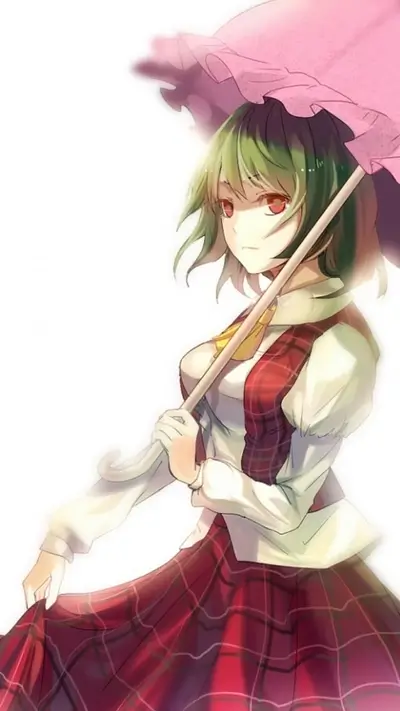 Green haired anime girl with red eyes under pink umbrella