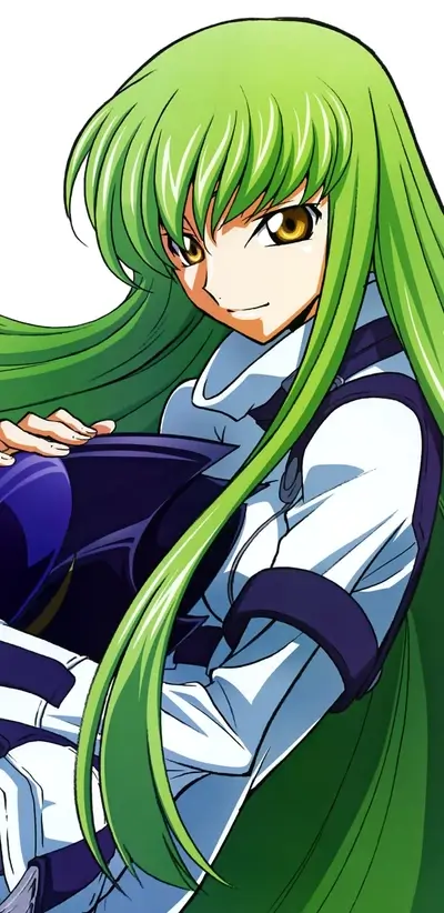 Green haired anime woman with gold eyes holds helmet