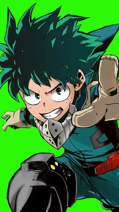 Green-haired boy in action pose, bright green background