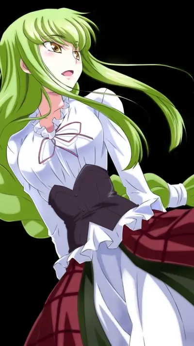 Green-haired girl in a white and red dress