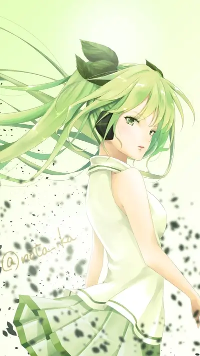 Green-haired girl in a white dress, wind blowing