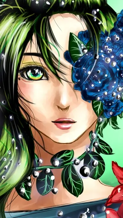 Green-haired girl with blue flowers