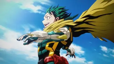 Green haired hero wearing yellow cape and mechanical gauntlets against a bright blue sky