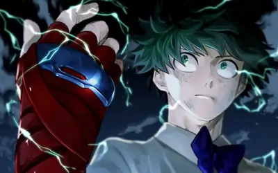 Green lightning glowing around raised gauntlet and hero with intense gaze