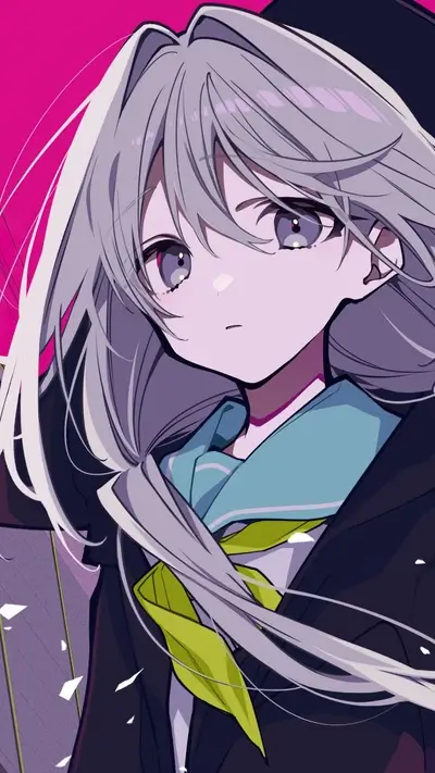Grey-haired girl in dark jacket, bright pink background