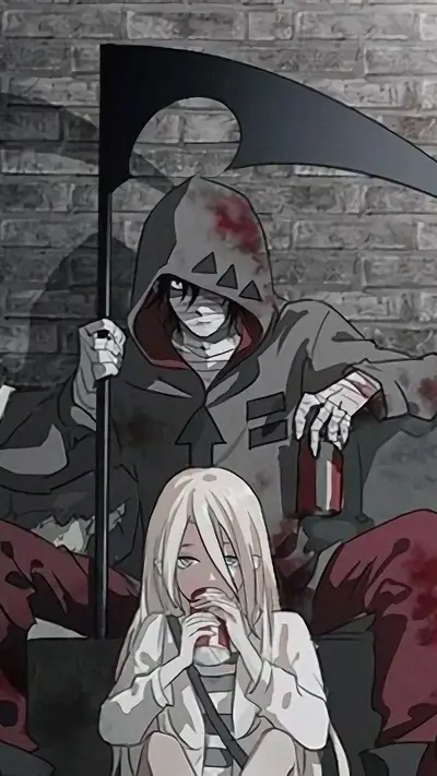 Grim reaper with scythe and child resting against brick wall, haunting scene