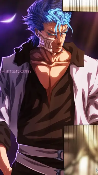 Grimmjow Jaegerjaquez looking serious with mask fragment, cool moon in the background