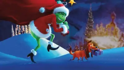 Grinch and Max on snowy hill, sneaking away with Christmas presents.