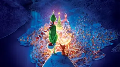 Grinch overlooking Whoville at night