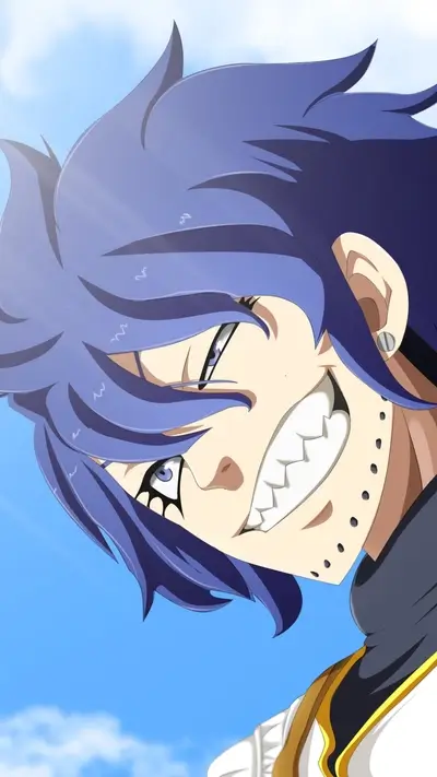 Grinning face shows blue-haired man with decorative facial markings and stylish piercing.