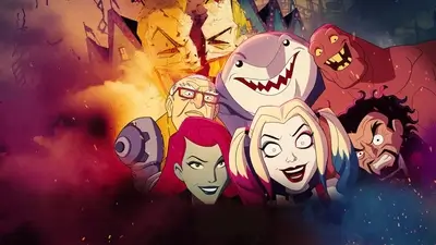 Group of animated villains featuring Harley Quinn, King Shark, Poison Ivy and others
