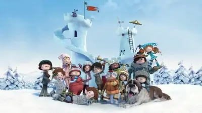 Group of cartoon children and dog near snow castle