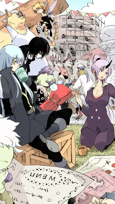 Group of characters gathered in a town square, reading a menu or document