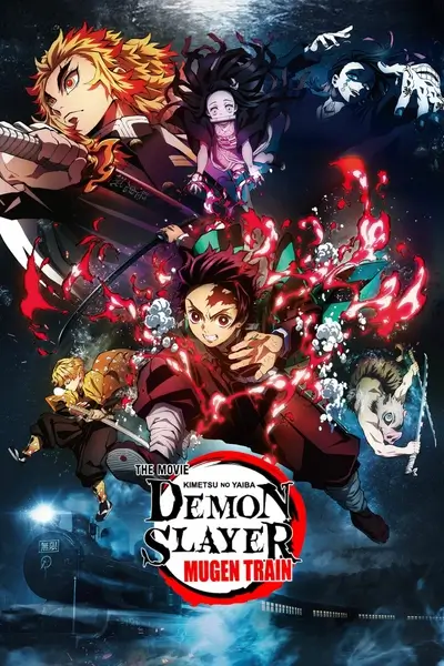 Group of characters with glowing red energy over dark steam train