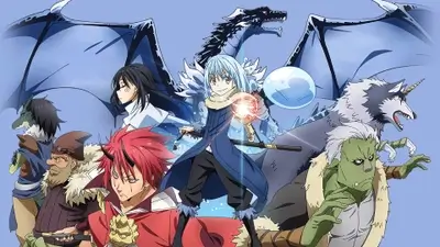 Group of fantasy characters and a large blue dragon
