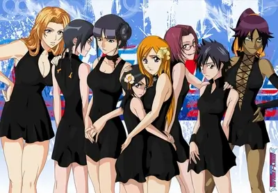 Group of female characters standing together in black dresses