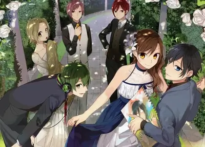 Group of friends in formal attire posing outdoors in a garden