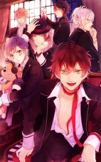 Group of handsome anime boys posing indoors in what appears to be a vintage room