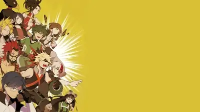 Group of heroes posed together on a yellow background