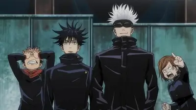 Group of jujutsu sorcerers standing together in a line