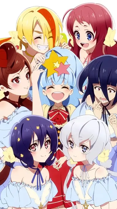 Group of magical girls, bright colors, smiling