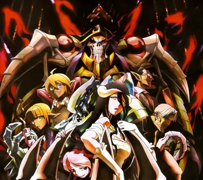 Group of powerful characters gathered around a skeletal ruler in armor