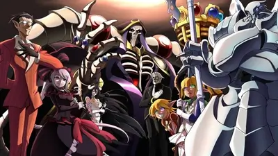 Group of powerful characters posing together around skeletal leader