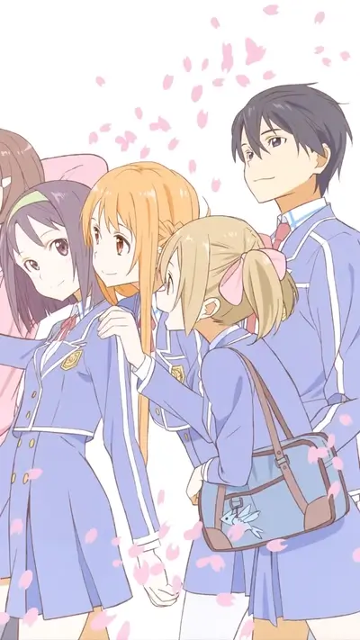 Group of school girls and boy in uniform, spring blossoms