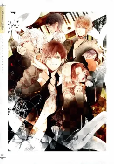 Group of stylish characters in dark clothing, checkered background