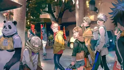 Group of stylized characters walking down a city street at night