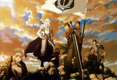 Group of warriors standing on rocks, sunset sky