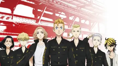 Group of young men in black uniforms on red background