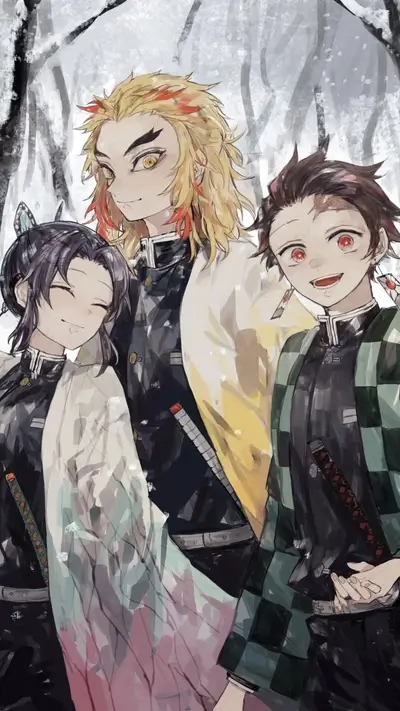 Group portrait of characters from Demon Slayer with a snowy background