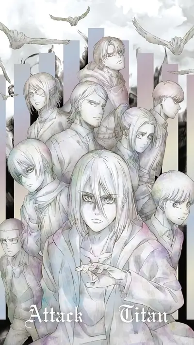 Group portrait of characters, monochromatic style
