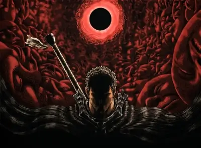 Guts standing amidst a sea of demonic faces