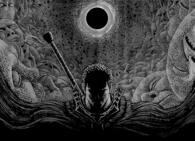 Guts standing amidst monstrous creatures