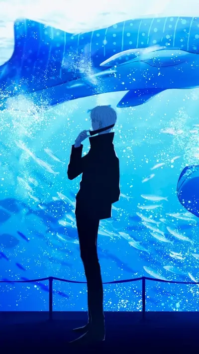 Guy adjusting his tie in front of an aquarium with whale shark and fishes