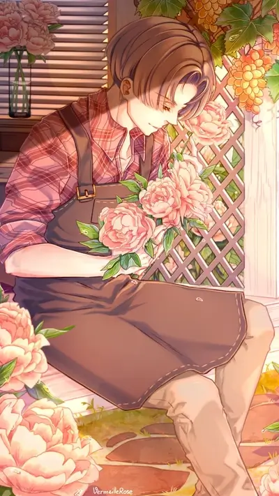 Guy admiring flowers, wearing a brown apron and pink checkered shirt