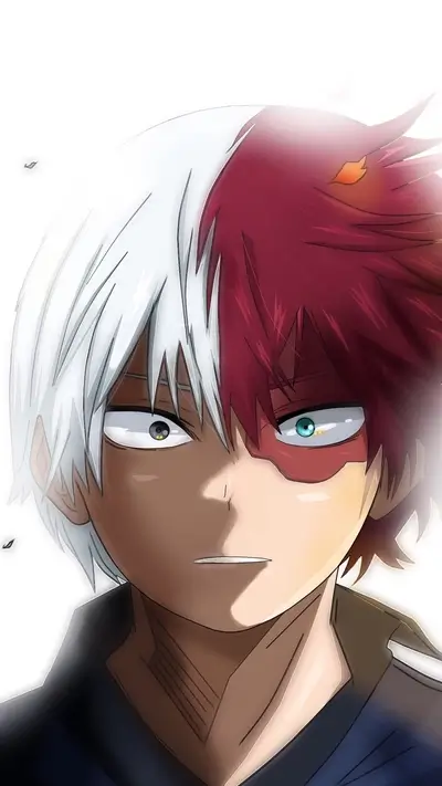 Half red and white haired boy, showing his determination