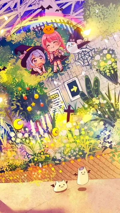 Halloween garden party with cute witches and cat spirits