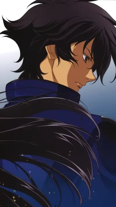 Handsome anime character gazes down, dark hair and a blue outfit