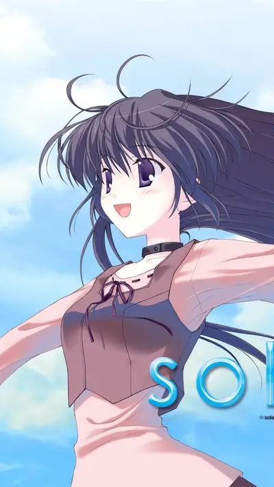Happy anime girl with black hair and purple eyes in front of sky