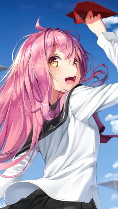 Happy anime girl with pink hair and paper airplane